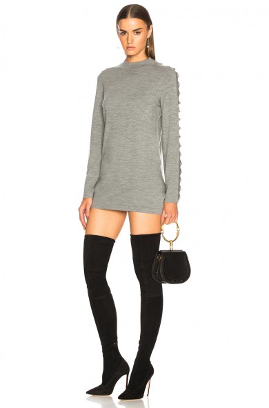 CHLOE Superfine Knit Embellished Sleeve Sweater Dress | grey jumper dresses
