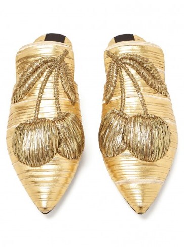 SANAYI 313 Cilegia metallic-gold cherry-embroidered slipper shoes ~ luxe flats - flipped
