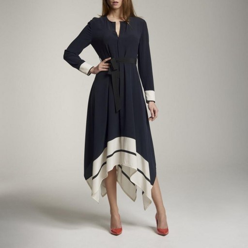 L.K. Bennett CLARINE NAVY SILK DRESS / blue asymmetric hemline dresses - flipped
