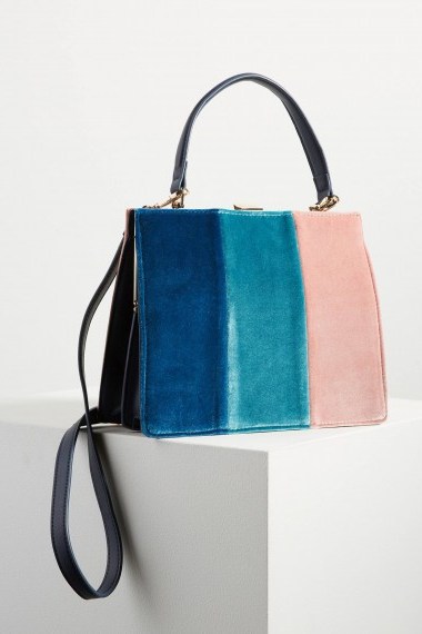 ANTHROPOLOGIE Colourblock Velvet Tote Bag | chic pink and blue top handle bags - flipped