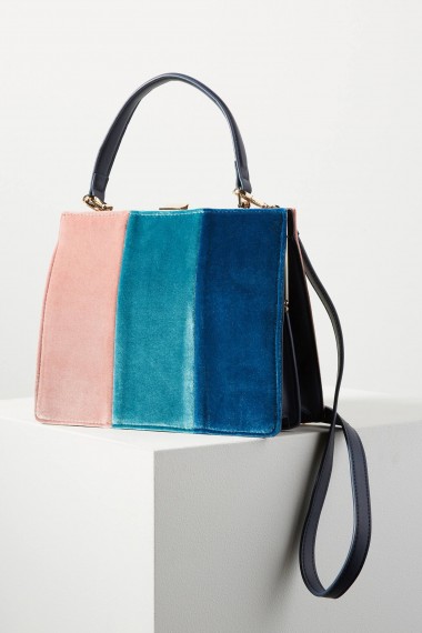 ANTHROPOLOGIE Colourblock Velvet Tote Bag | chic pink and blue top handle bags