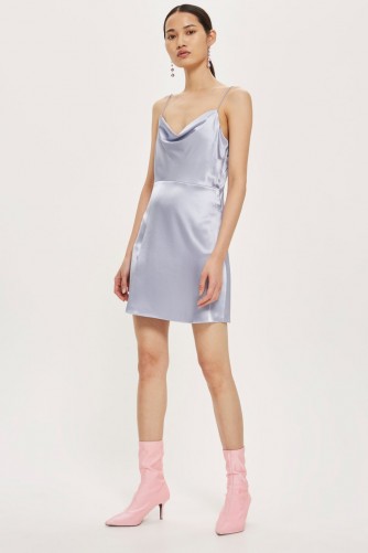 Topshop Cowl Neck Satin Mini Slip Dress | light blue cami dresses