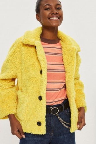 Topshop Yellow Cropped Button Borg Coat - flipped