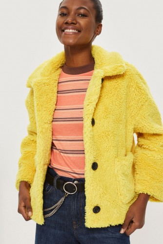 Topshop Yellow Cropped Button Borg Coat