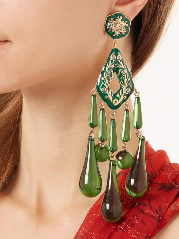 ETRO Green Crystal-embellished teardrop clip-on earrings ~ statement jewellery - flipped