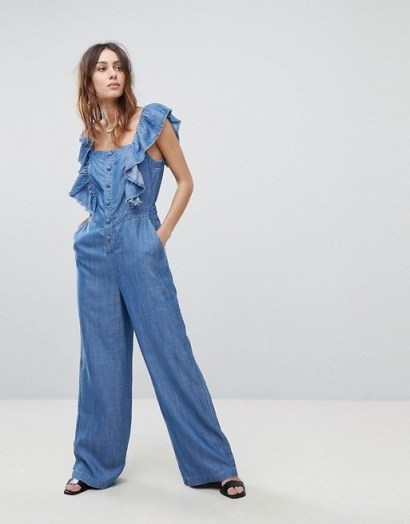 Current Air Denim Jumpsuit with Ruffle Sleeve ~ pretty ruffled spring jumpsuits - flipped