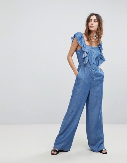 Current Air Denim Jumpsuit with Ruffle Sleeve ~ pretty ruffled spring jumpsuits