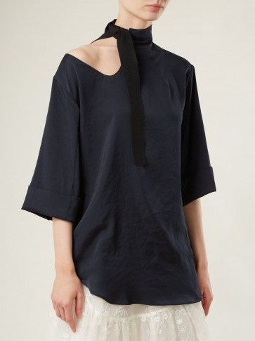 TOGA Cut-out neck-tie blouse ~ chic navy tops - flipped