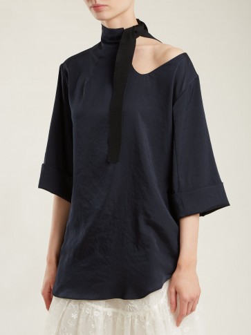 TOGA Cut-out neck-tie blouse ~ chic navy tops