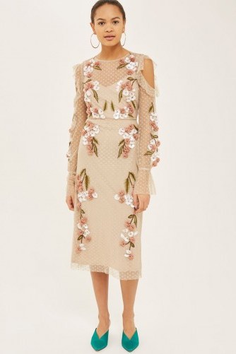 Topshop 3D Floral Shift Dress | nude semi sheer party dresses - flipped