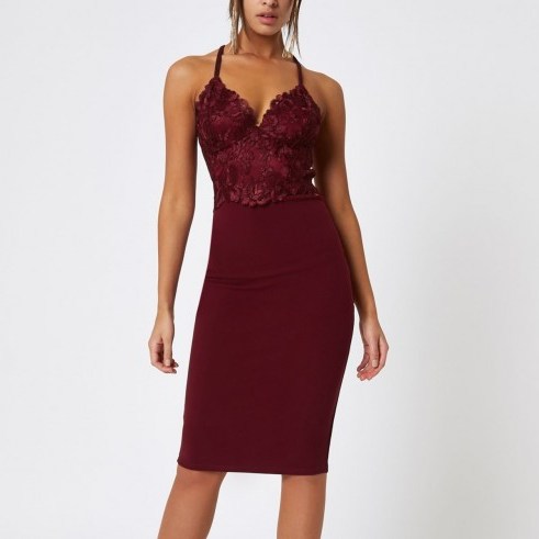 River Island Dark red lace midi bodycon dress – fitted party dresses - flipped