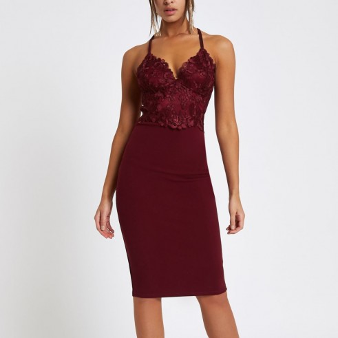 River Island Dark red lace midi bodycon dress – fitted party dresses