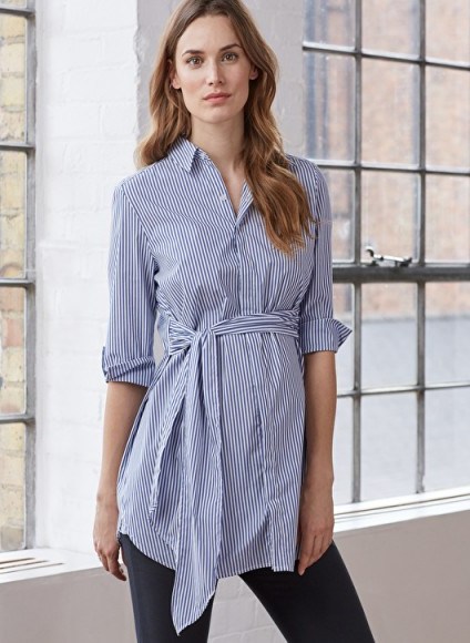 ISABELLA OLIVER DORA MATERNITY SHIRT – blue and white striped front tie shirts – pregnancy fashion - flipped