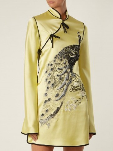 ATTICO Elena peacock-embroidered satin mini dress ~ yellow oriental style dresses - flipped
