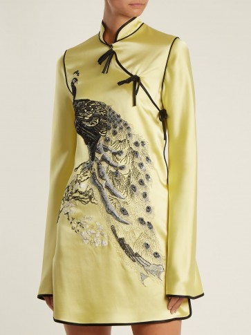ATTICO Elena peacock-embroidered satin mini dress ~ yellow oriental style dresses