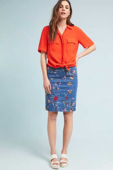 Maeve Embroidered Denim Pencil Skirt | blue floral skirts