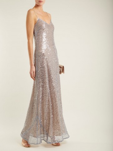 GALVAN Estrella bias-cut sequin-embellished gown ~ metallic-silver strappy gowns