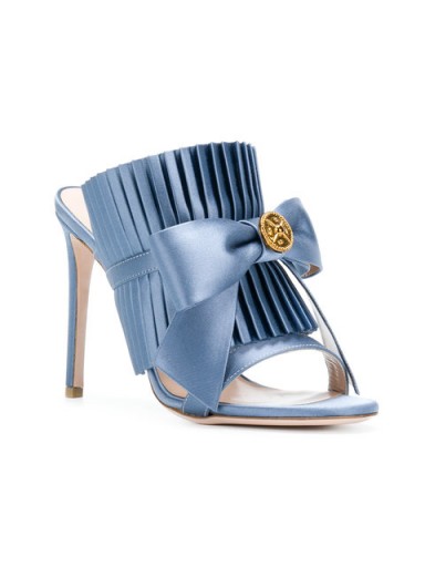 FAUSTO PUGLISI blue silk pleated bow stiletto sandals ~ luxe heels