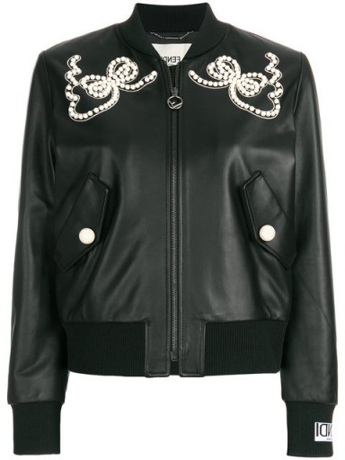 FENDI Faux-pearl embellished bomber jacket ~ black leather jackets - flipped