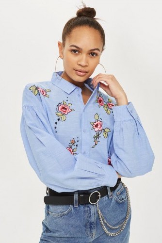TOPSHOP Floral Embroidered Shirt / blue shirts - flipped