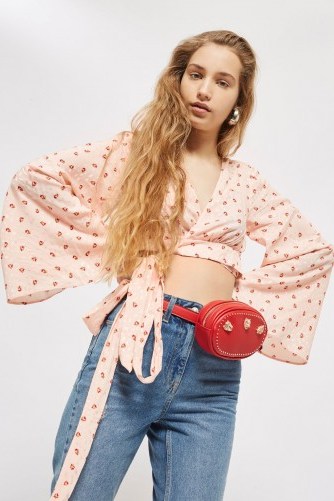 TOPSHOP Floral Jacquard Wrap Top / pink wide sleeve crop tops - flipped