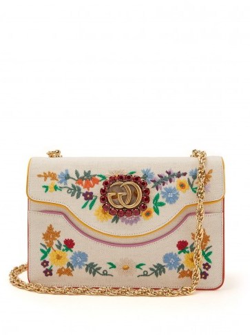 GUCCI Floral-embroidered linen cross-body bag ~ red crystal embellished crossbody bags ~ gold chain shoulder strap - flipped