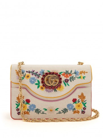GUCCI Floral-embroidered linen cross-body bag ~ red crystal embellished crossbody bags ~ gold chain shoulder strap