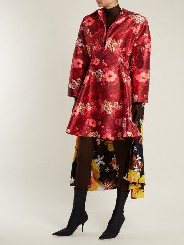 RICHARD QUINN Floral-print asymmetric-hem duchess-satin dress ~ mixed retro prints