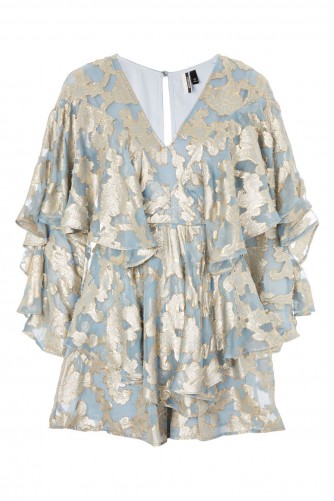 Topshop Foil Ruffled Plunge Playsuit | metallic plunging playsuits