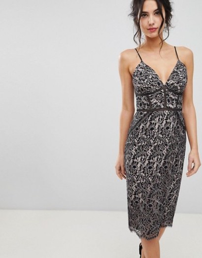 Forever New Lace Embroidered Pencil Dress | strappy plunge front bodycon - flipped