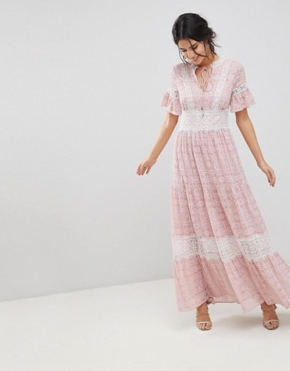 Forever New Printed Maxi Tea Dress with Lace Trim | long pink spring/summer dresses - flipped