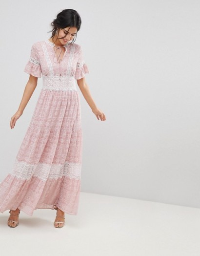 Forever New Printed Maxi Tea Dress with Lace Trim | long pink spring/summer dresses