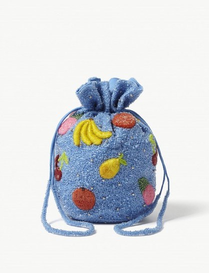 GANNI Edison small beaded bucket bag in Marina | sparkly blue fruit embellished drawstring bags - flipped