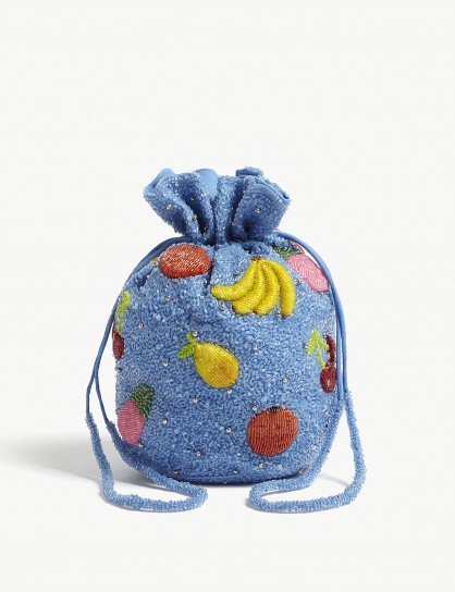 GANNI Edison small beaded bucket bag in Marina | sparkly blue fruit embellished drawstring bags