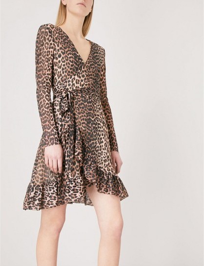 GANNI Tilden leopard print chiffon wrap dress ~ ruffle trim dresses - flipped