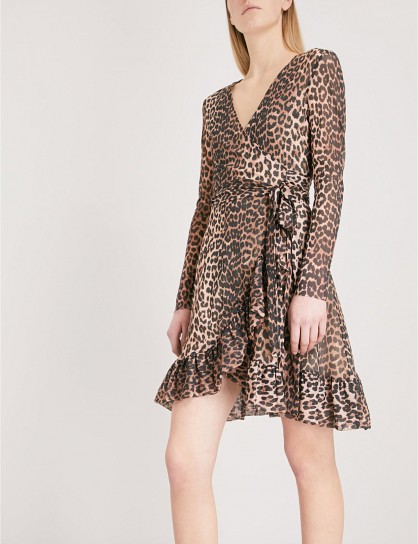 GANNI Tilden leopard print chiffon wrap dress ~ ruffle trim dresses