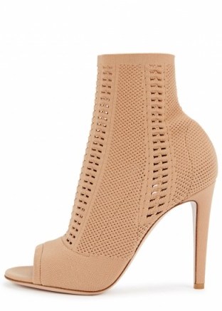 GIANVITO ROSSI Vires 105 camel stretch-knit boots. NUDE TONE PEEP TOE BOOTIES - flipped