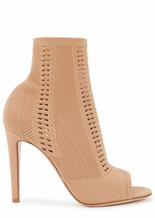 GIANVITO ROSSI Vires 105 camel stretch-knit boots. NUDE TONE PEEP TOE BOOTIES