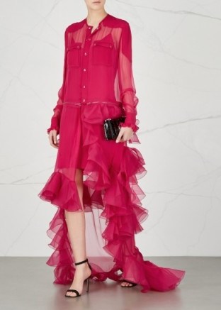 GIVENCHY Dark pink ruffle-trimmed silk gown ~ sheer overlay ruffled gowns - flipped