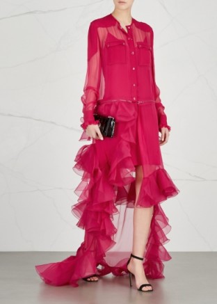 GIVENCHY Dark pink ruffle-trimmed silk gown ~ sheer overlay ruffled gowns