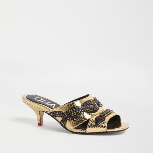 River Island Gold snake embellished kitten heel mules | glamorous metallic party shoes - flipped