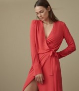 Reiss GRACE MIDI WRAP DRESS WATERMELON – pink draped dresses – chic and stylish clothing