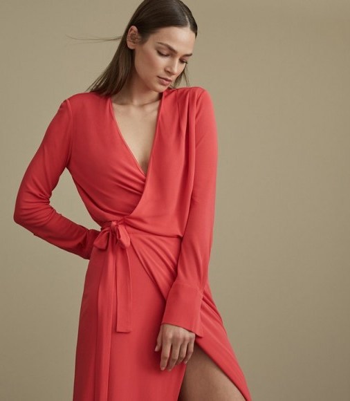 Reiss GRACE MIDI WRAP DRESS WATERMELON – pink draped dresses – chic and stylish clothing - flipped