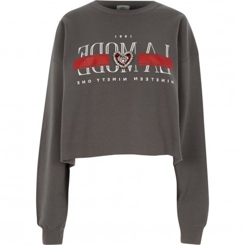 River Island Grey ‘la mode’ print cropped sweatshirt | slogan sweatshirts - flipped
