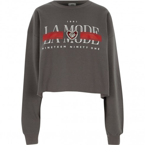 River Island Grey ‘la mode’ print cropped sweatshirt | slogan sweatshirts