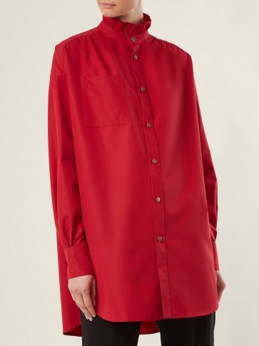 SONIA RYKIEL High-neck ruffle-detailed red cotton-poplin shirt ~ ruffled shirts - flipped