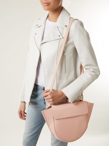 WANDLER Hortensia trapeze baby-pink crocodile-effect leather cross-body bag ~ luxe shoulder bags - flipped