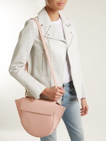 WANDLER Hortensia trapeze baby-pink crocodile-effect leather cross-body bag ~ luxe shoulder bags