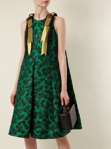 ERDEM Indiana peony-jacquard bow-detail dress ~ emerald-green trapeze dresses - flipped