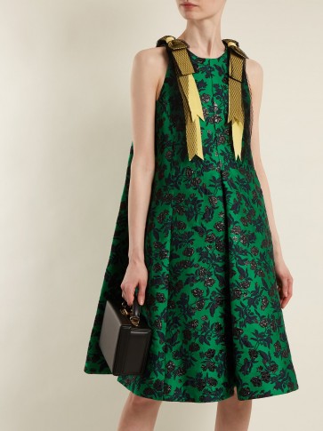 ERDEM Indiana peony-jacquard bow-detail dress ~ emerald-green trapeze dresses